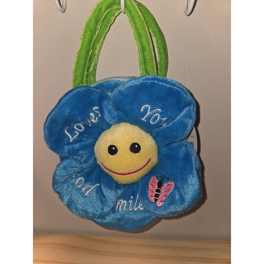 Dicksons Plush Flower Purse Blue Smiley Face God Loves You Smile Y2K NWT
